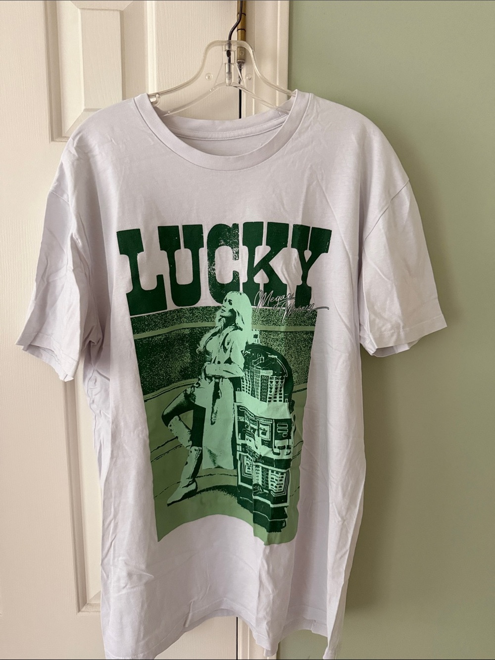 Megan Moroney White Graphic Tee with Green 'LUCKY' Print